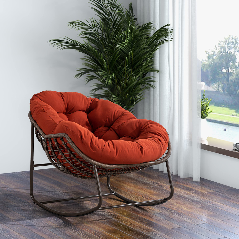 Chaise à bascule en rotin d'extérieur, fauteuil inclinable avec coussin rembourré pour porche, salon, jardin, orange.