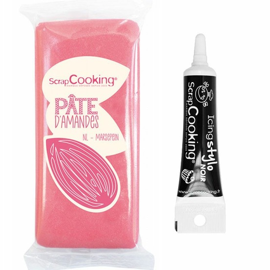 Pâte d'amande rose 200 g + stylo de glaçage noir