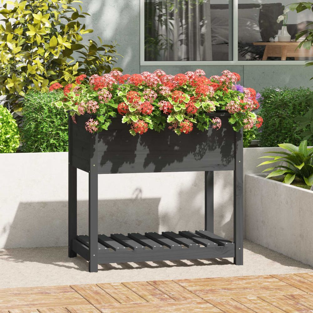 Grand bac à fleurs surélevé bois avec étagère pour jardin gris 82,5cm