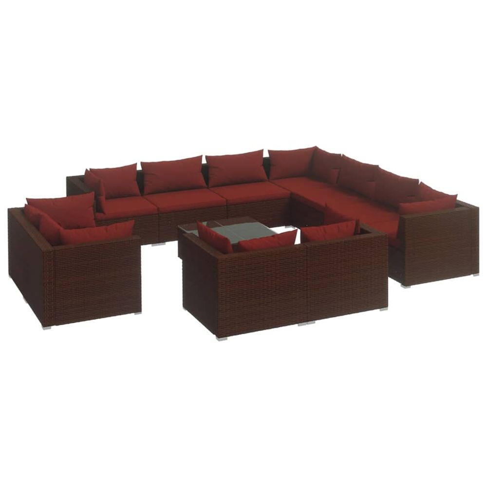 Salon de jardin 12 pcs avec coussins marron résine tressée