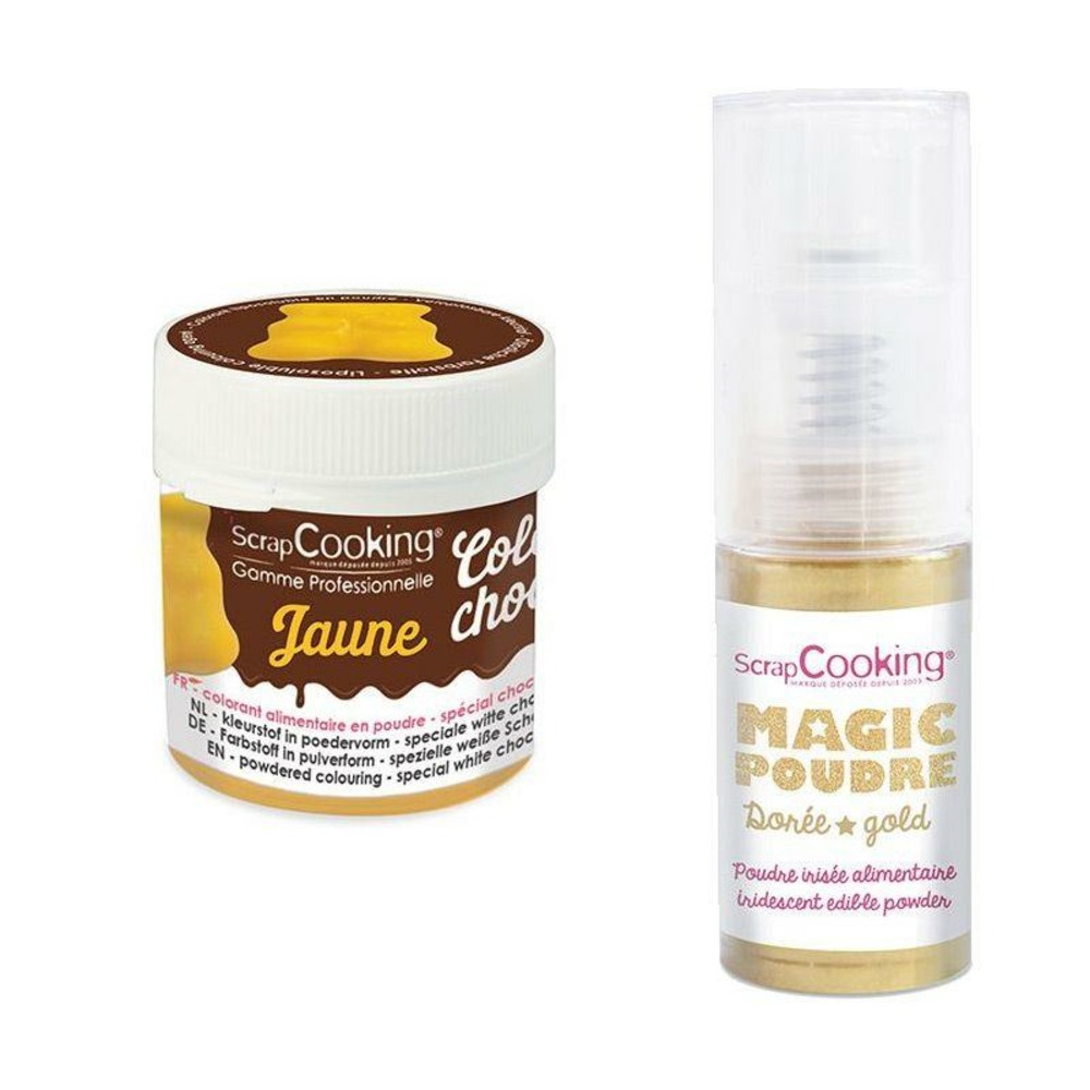 Colorant alimentaire liposoluble color'choco 5 g jaune + poudre alimentaire irisée dorée