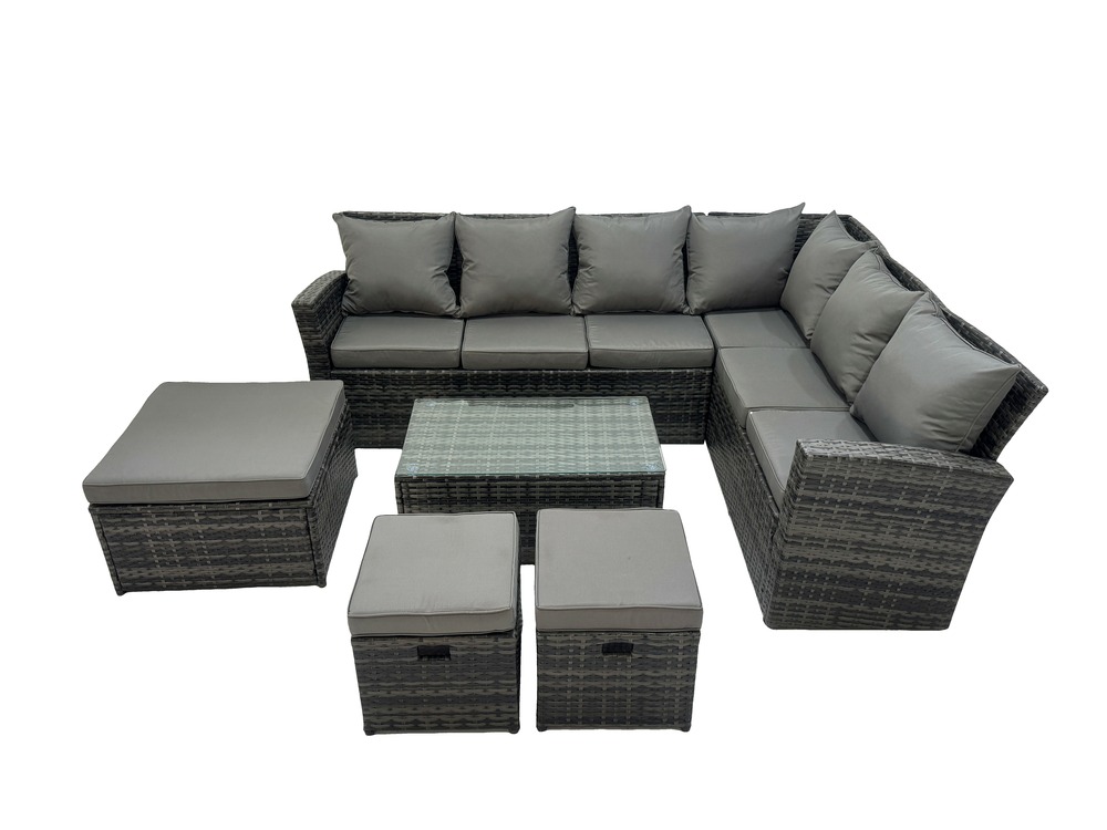 Ensemble de meubles de jardin en polyrotin avec canapé d'angle à dossier haut table basse rectangulaire 3 tabourets