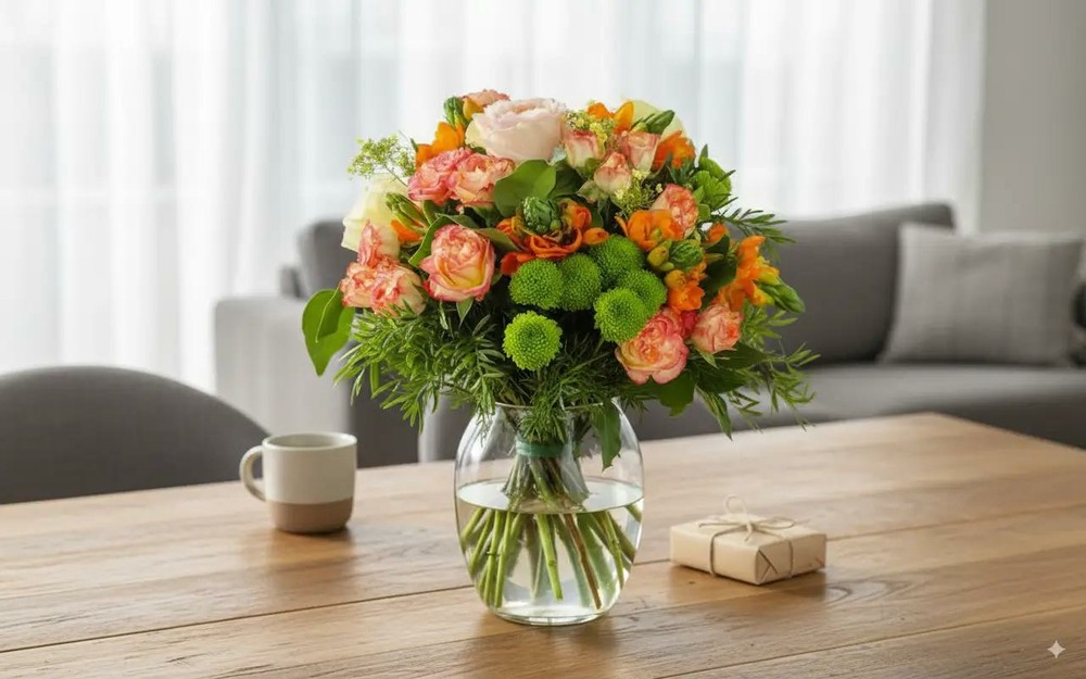 Bouquet de fleurs éclatant : roses bicolores, lisianthus blancs, marguerites vertes et touches orangées