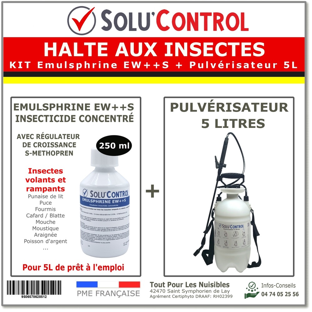 Halte aux insectes – kit emulsphrine ew++s 250 ml avec régulateur s-methopren + pulvérisateur 5l