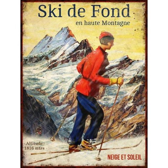 Plaque vintage sports d'hiver en métal 25 x 33 cm ski de fond