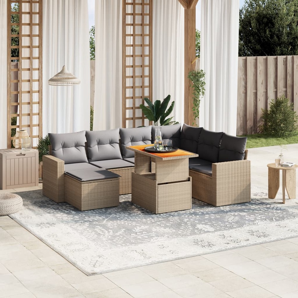 Salon de jardin avec coussins 8 pcs beige résine tressée