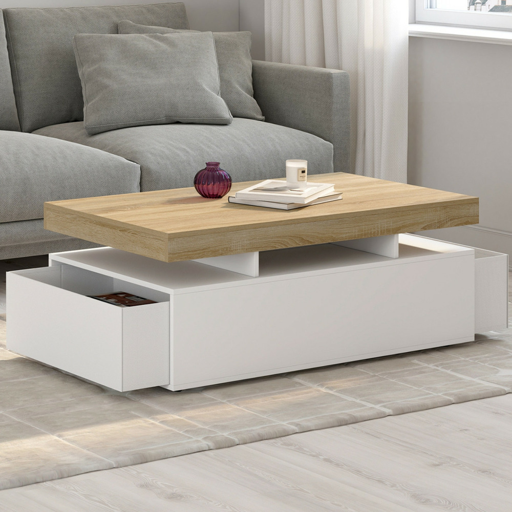 Table basse rectangulaire elsa 100 cm 2 tiroirs en bois blanc et plateau façon hêtre