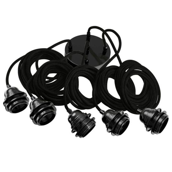 Suspension hang luminaire 5 cordes - lin noir douilles noires