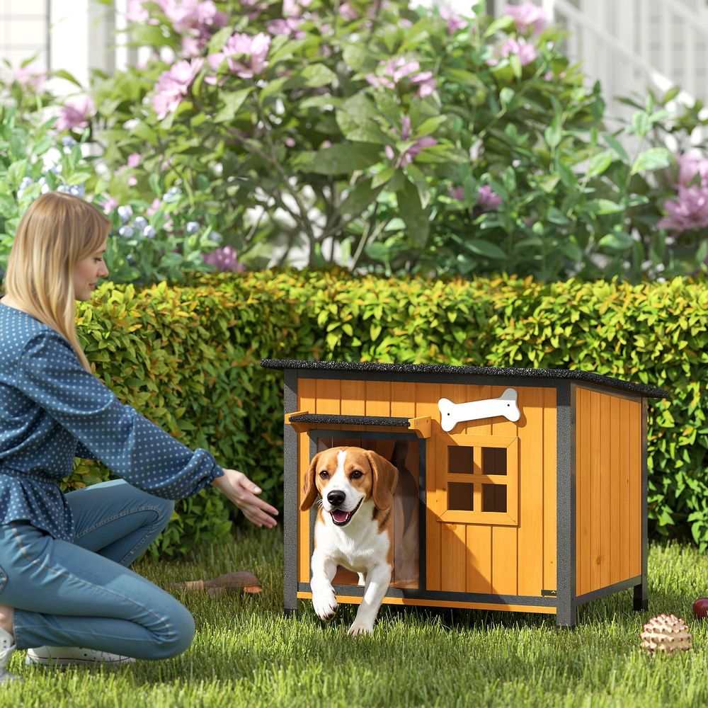 Niche pour chien extérieure en bois de sapin et acier jaune 84,5 x 62 x 65 cm avec toit ouvrant et bac coulissant