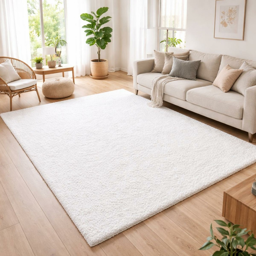 Tapis poils longs shaggy 200x290 rectangle tissé crème motif uni uni l