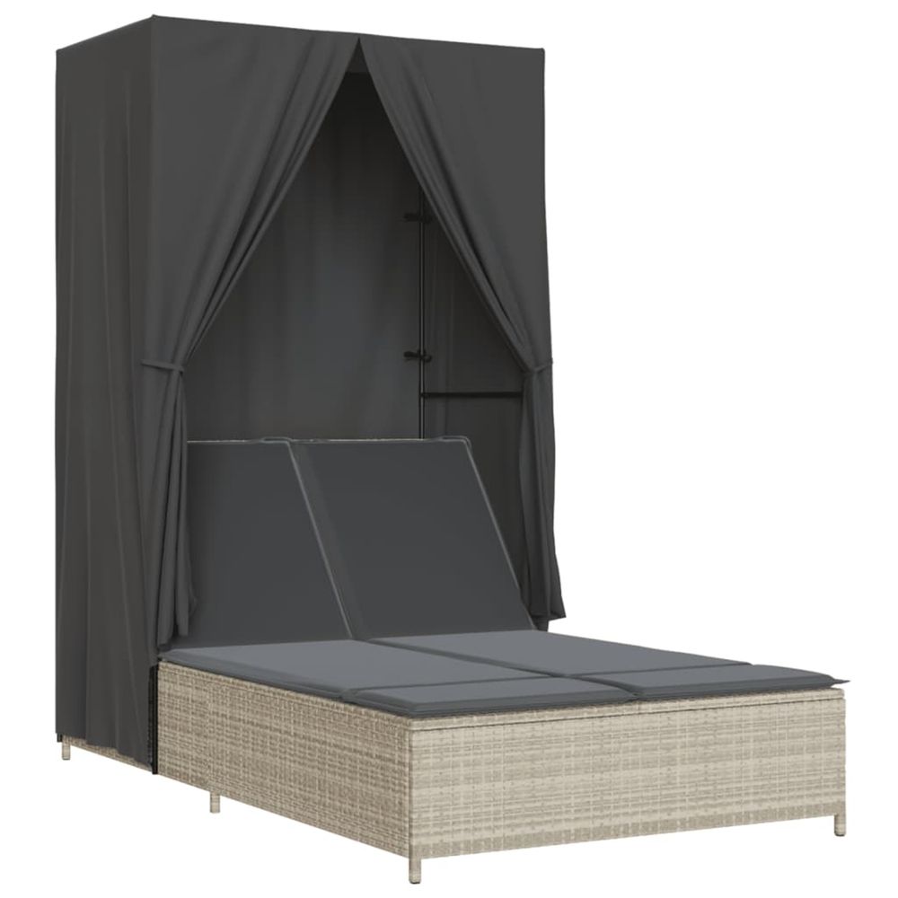 Chaise longue double avec toit et rideaux gris clair poly rotin bain de soleil