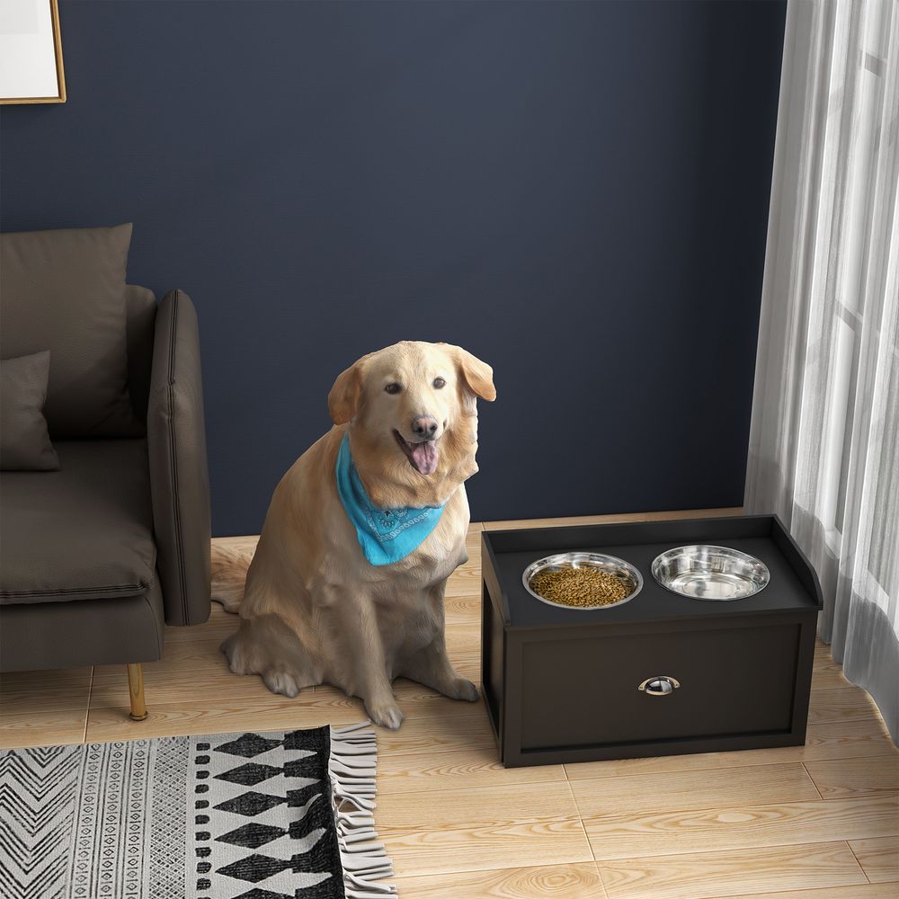 Gamelle surélevée chien avec tiroir mdf noir 60 x 30 x 36 cm grands chiens rangement 21 l 2 gamelles inox
