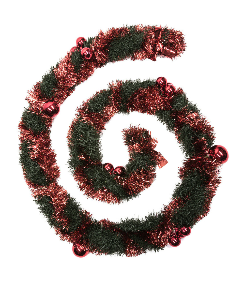 Guirlande de noël large 10 cm vert avec déco boules rouge longueur 2.7 mètres