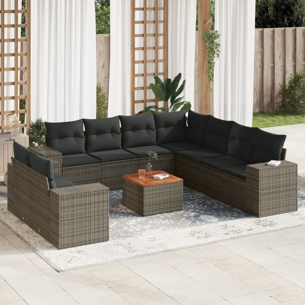 Salon de jardin avec coussins 10 pcs gris résine tressée