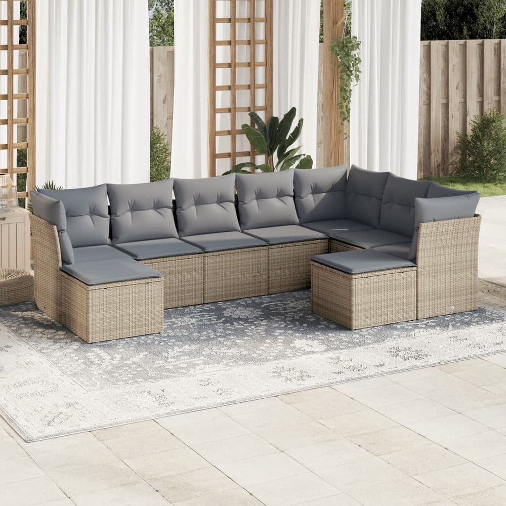 Salon de jardin avec coussins 9 pcs beige résine tressée