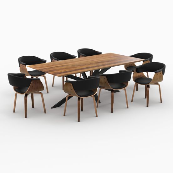 Piada-table et chaises 8 personnes en cuir synthetique noir et bois
