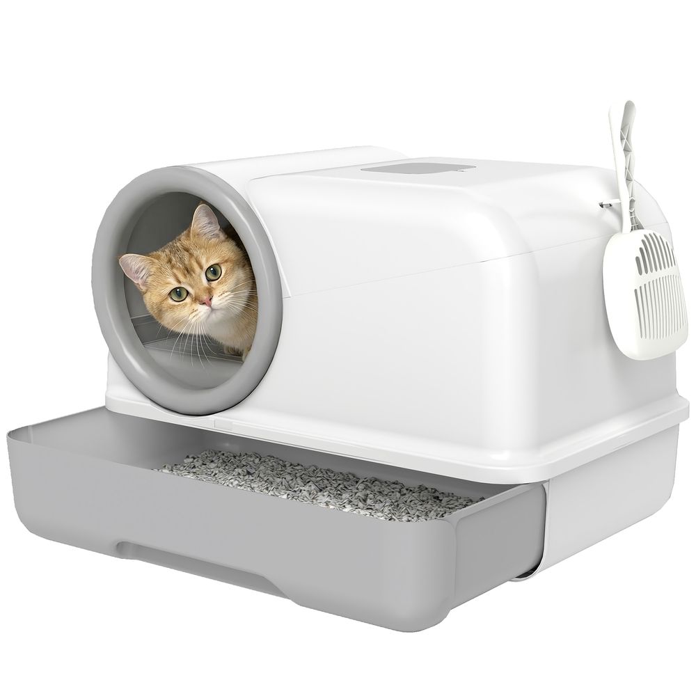 Bac à litière fermé en pp pour chat d'intérieur avec tiroir amovible et filtre 59cm gris