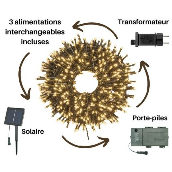 Guirlande lumineuse 3 alimentations interchangeables solaire pile ou secteur 50m 1000 led blanc chaud ip44 professionnelle lotti