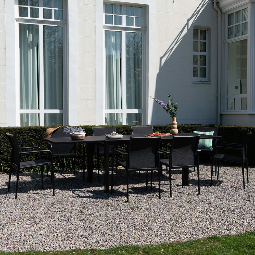 Ensemble 6/10p en aluminium et plateau en verre poli noir avec 8 fauteuils modulo