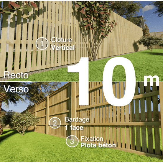 Kit clôture bois moderne 10m – h 2,3m – 20 x 60 mm autoclave vert – pose vertical – simple face – à sceller