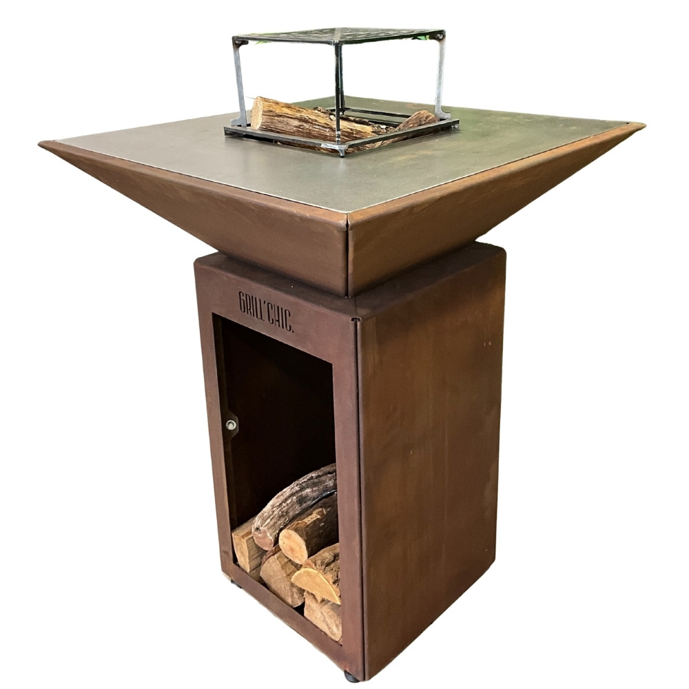 Auvergnat simple cuve corten - brasero avec rangement bois - carré - design pratique et élégant pour vos soirées en extérieur