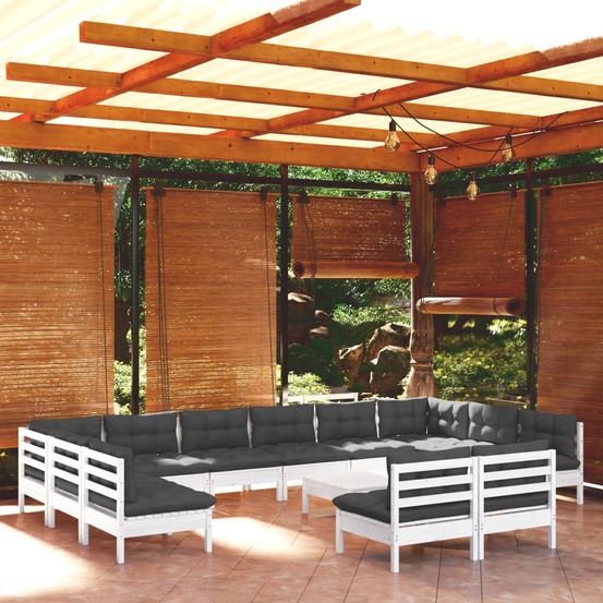 Salon de jardin 13 pcs avec coussins blanc bois de pin solide