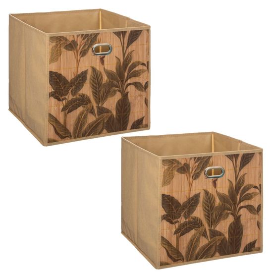 Lot de 2 boîtes de rangement imprimé tropical en bambou et tissu - l.31 x l.31 x h.31 cm - marron