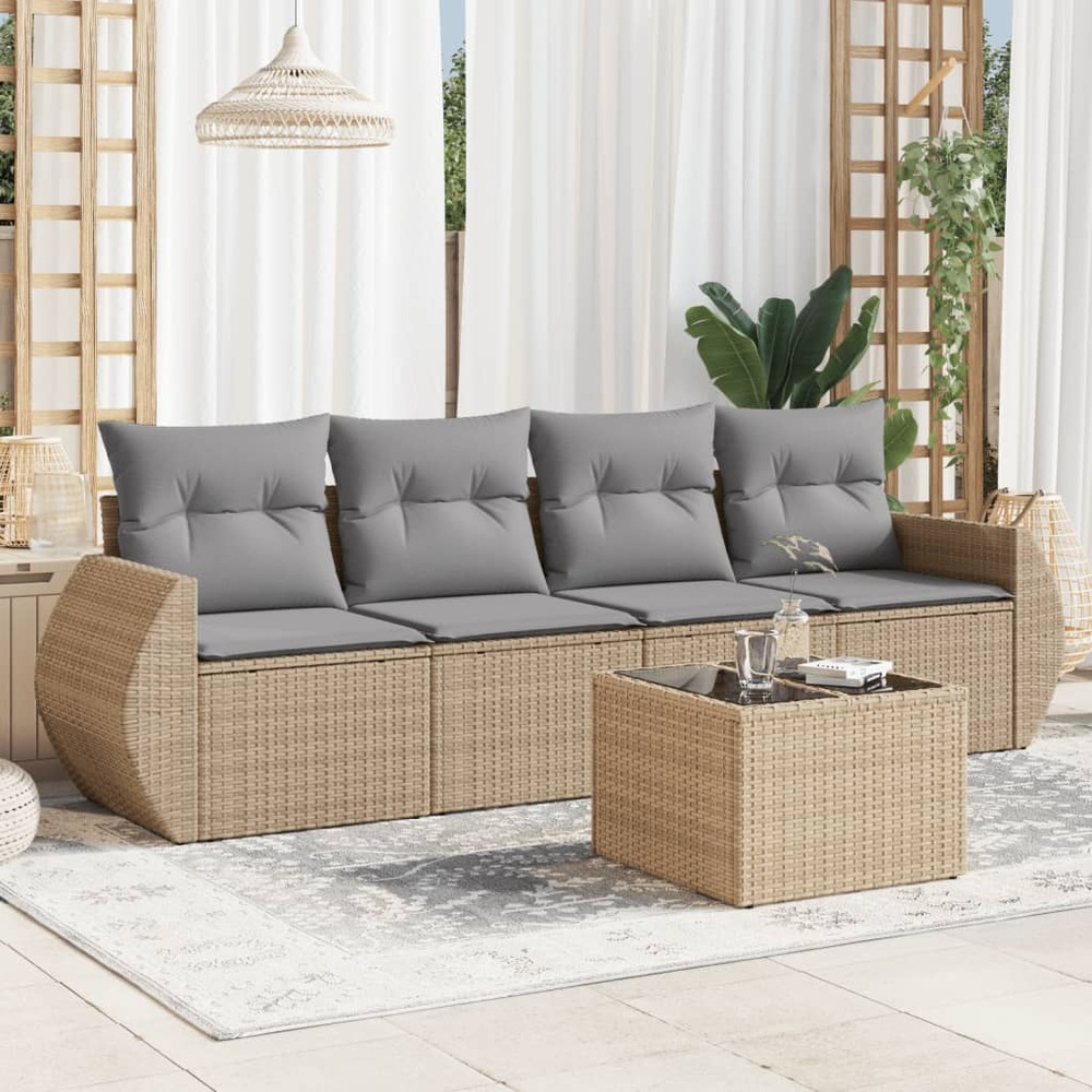 Salon de jardin avec coussins 5 pcs beige résine tressée