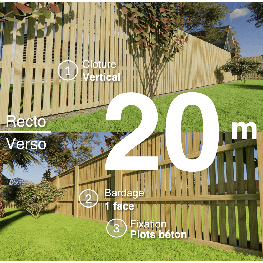 Kit clôture bois moderne 20m – h 1,9m – 20 x 60 mm autoclave vert – pose vertical – simple face – à sceller
