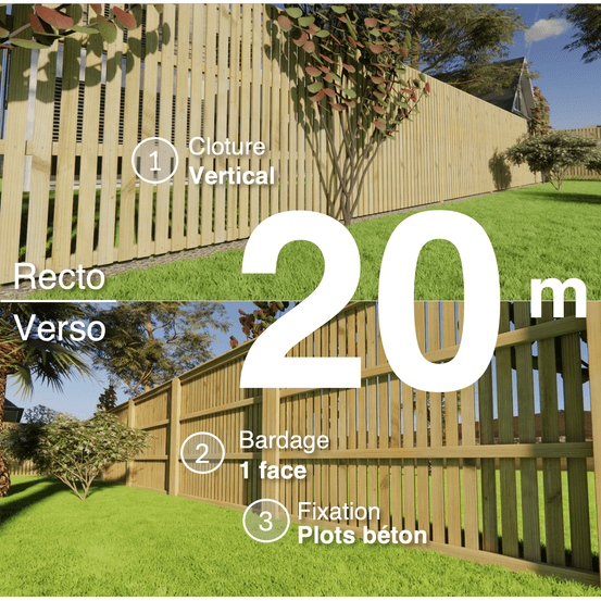 Kit clôture bois moderne 20m – h 1,9m – 20 x 60 mm autoclave vert – pose vertical – simple face – à sceller