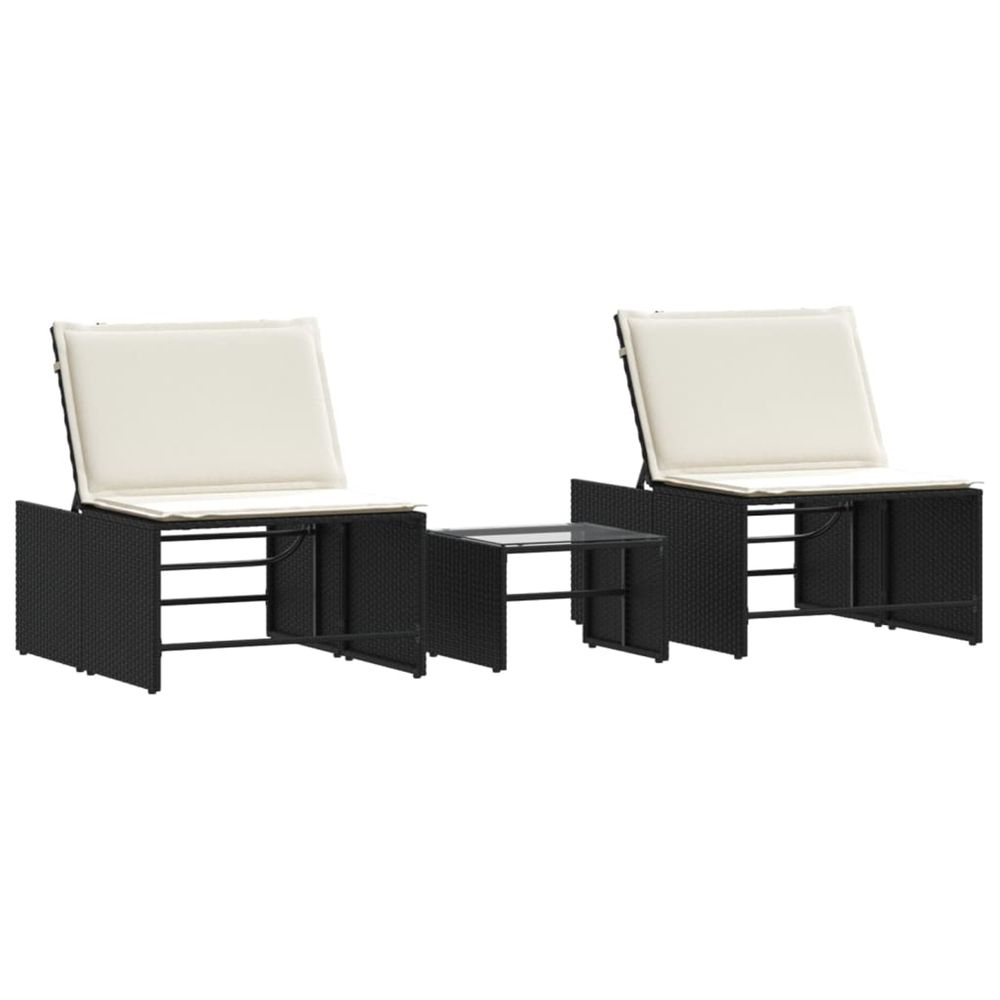 Chaises longues modulaires 2 pièces avec table en résine tressée noire