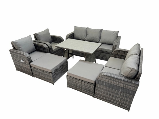 Salon de jardin exterieur 9 places table à manger rectangulaire 2 grand tabourets canapé d'amour gris foncé mixte