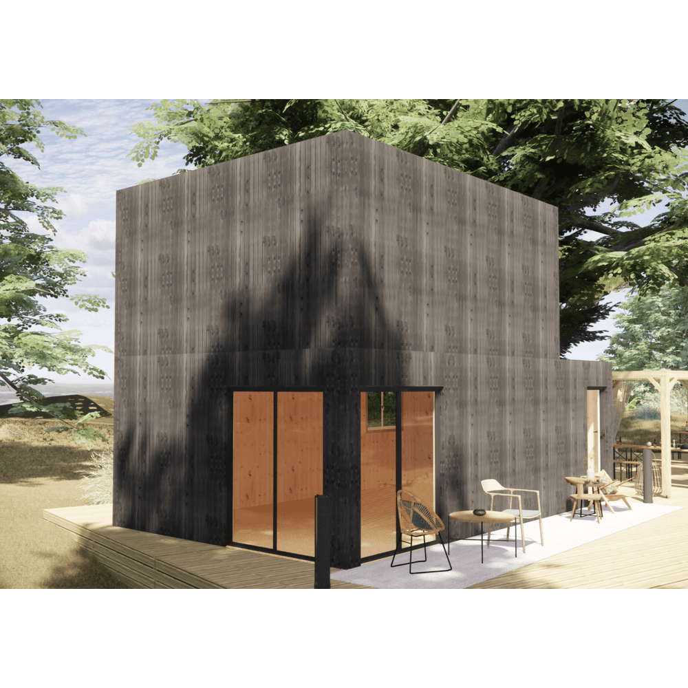 Studio de jardin bien isolé en bois 7,7x4,6x2,7 m / isolation re2020, plancher isolé, mezzanine, terrasse / menuiseries alu k-line