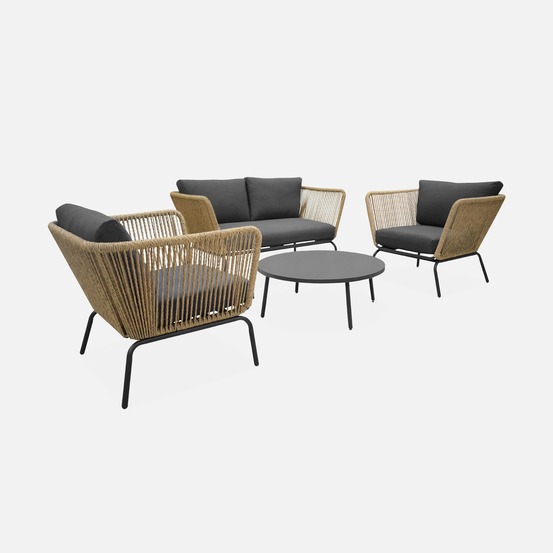 Salon de jardin bas singapour, résine tressée effet corde, 4 places, coussins déhoussables