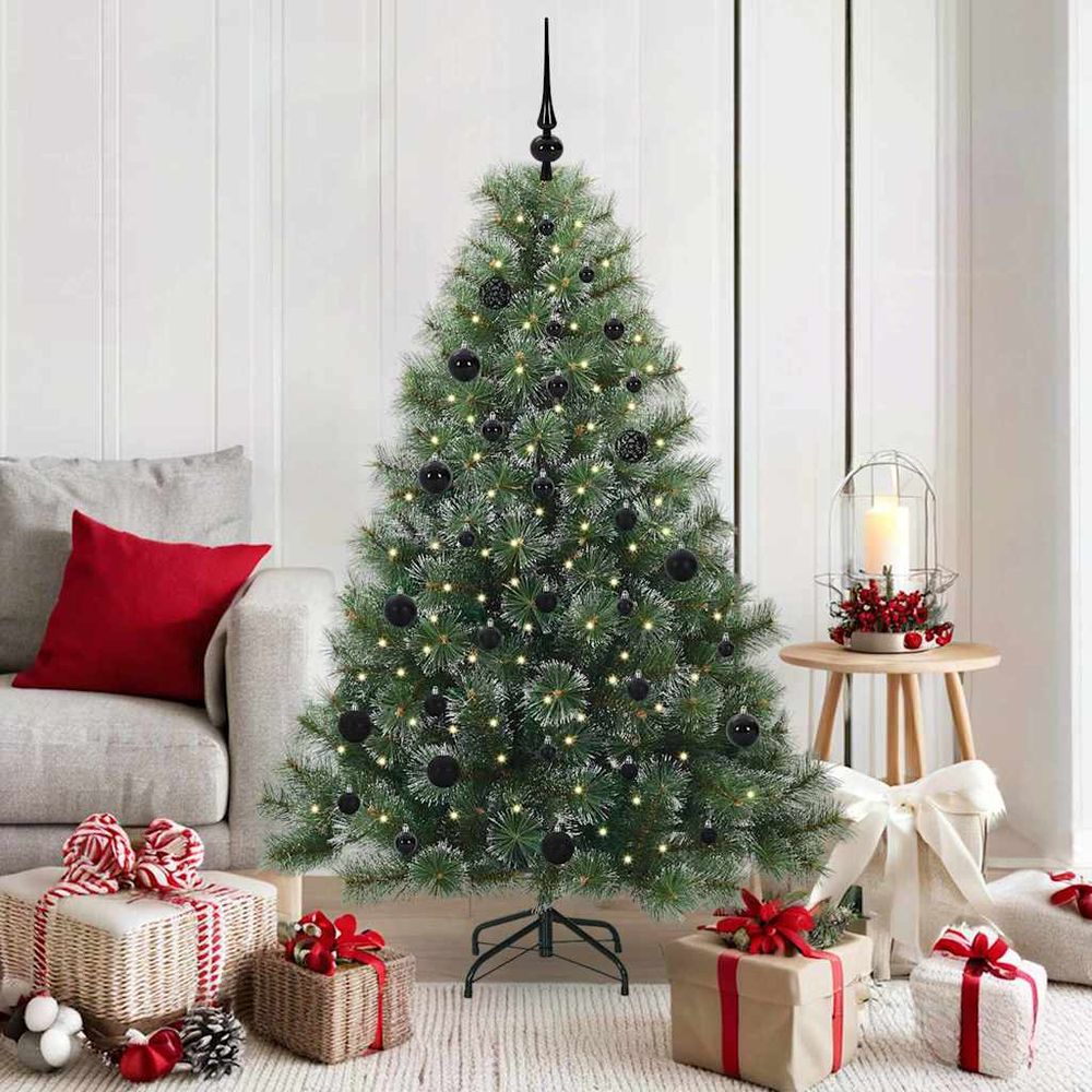 Sapin de noël 150 cm montage facile, kit complet lumineux avec guirlande led et 61 boules