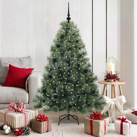 Sapin de noël 150 cm montage facile, kit complet lumineux avec guirlande led et 61 boules