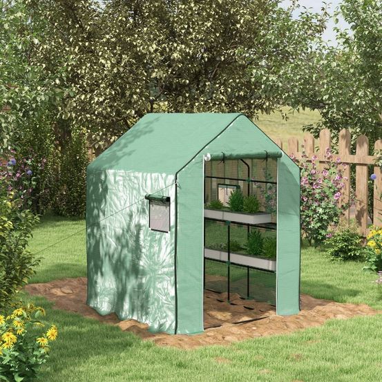 Serre de jardin polyéthylène vert 140 x 143 x 190 cm pour plantes avec étagères ventilation - comfortxl outdoor living