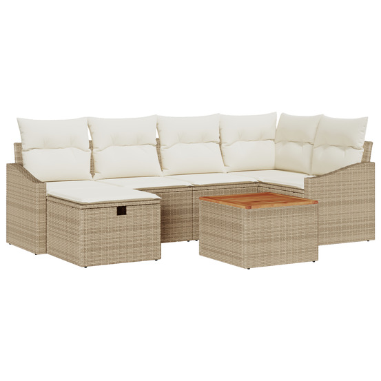 Ensemble de canapé de jardin 7 pièces avec coussins beige en poly rattan