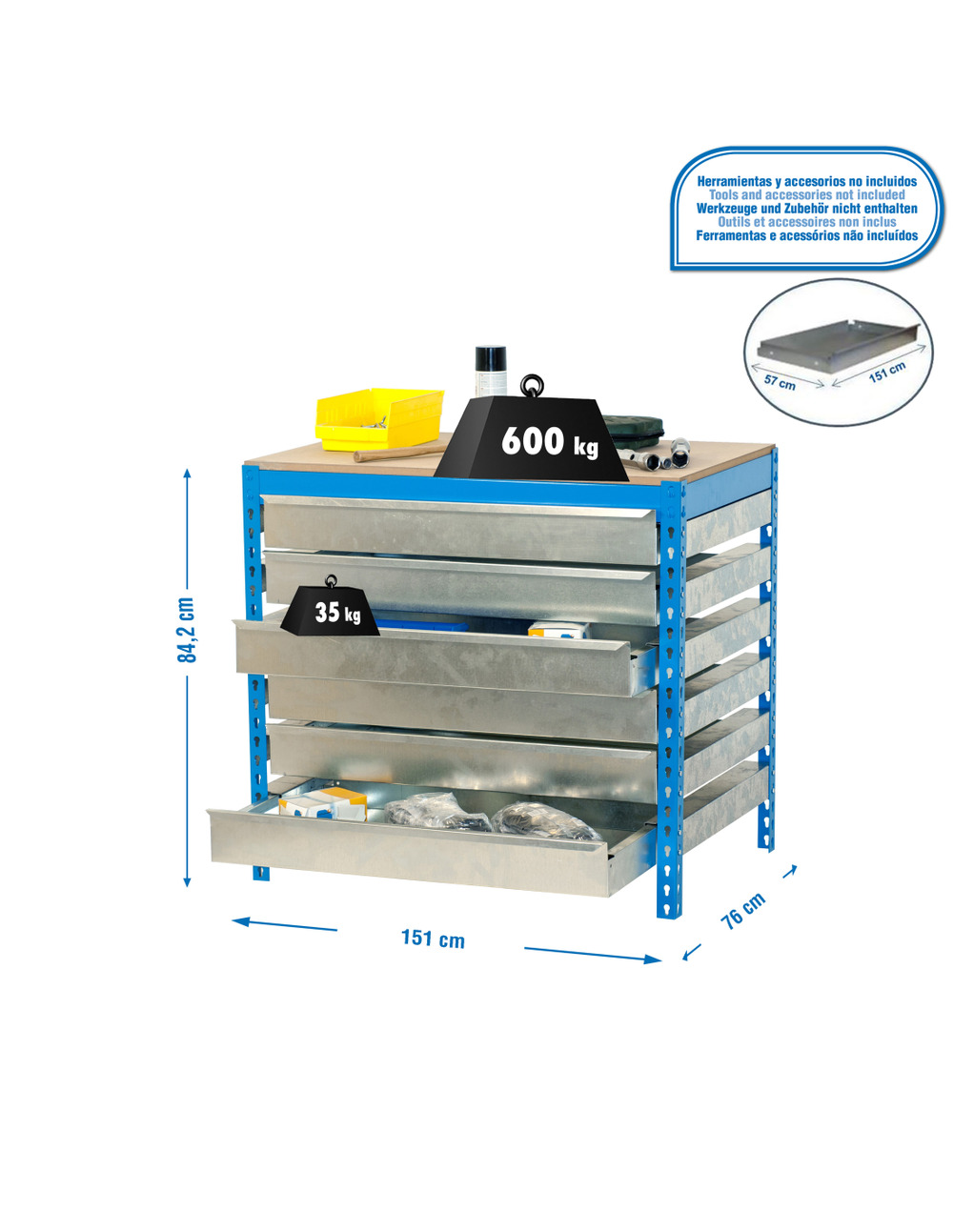 Etabli simonwork bt5 box6 1500 bleu/bois bleu/bois 842x1510x760 - simonrack