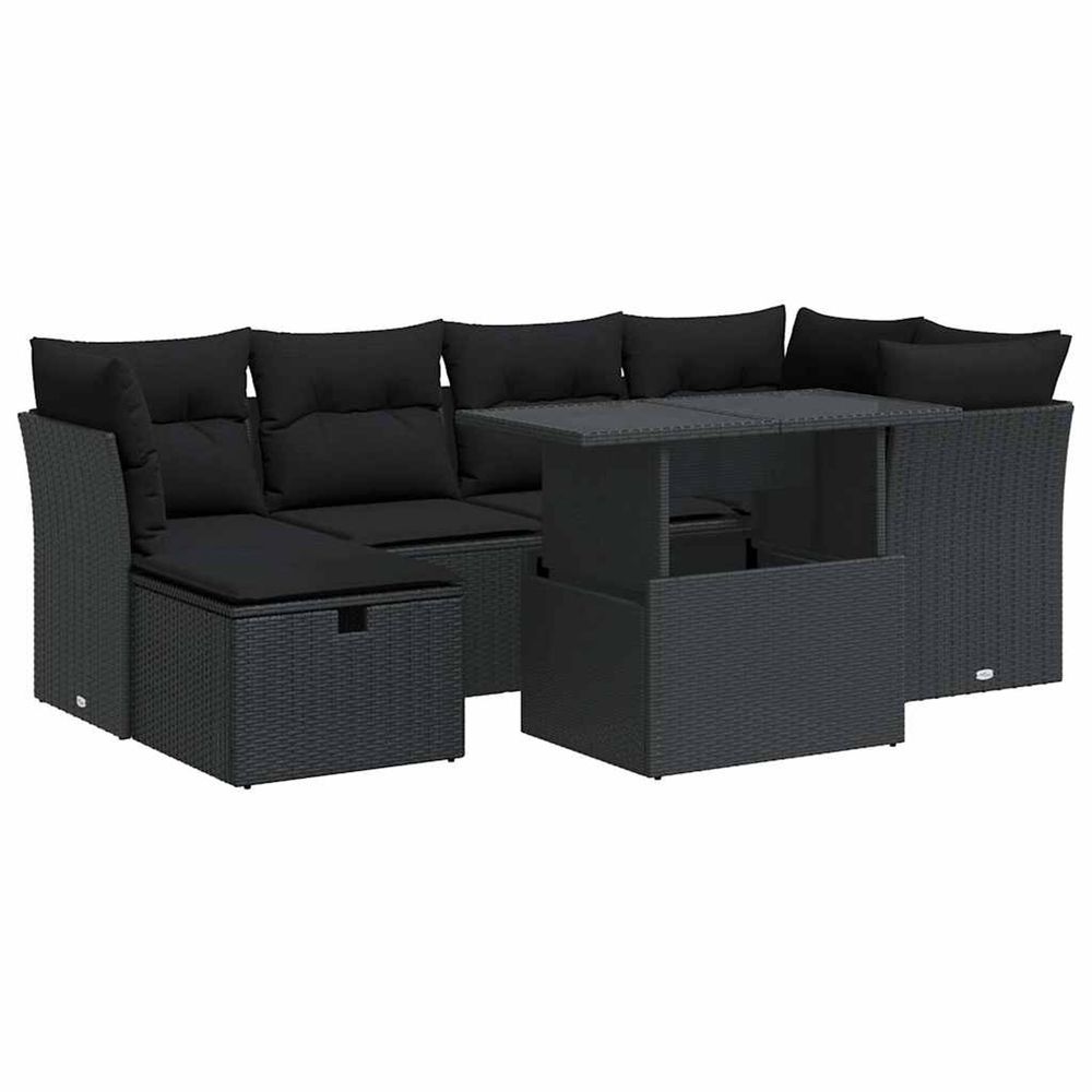 Salon de jardin 7 pcs avec coussins noir résine tressée