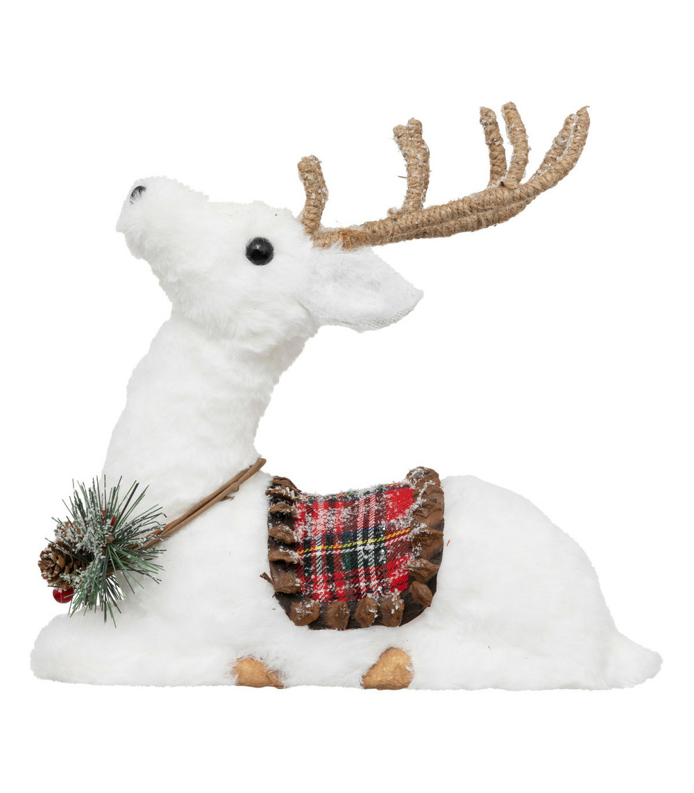 Déco de noël renne blanc avec selle à carreaux rouge et vert 28 x 12 x h 28 cm