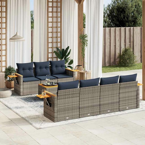 Salon de jardin 8 pcs avec coussins gris résine tressée