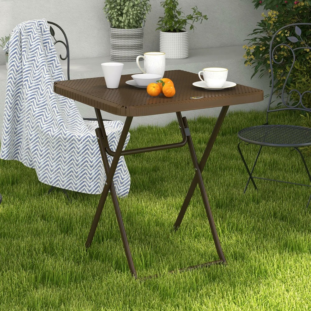Table de jardin extérieur pliable style cosy chic dim. 60l x 60l x 71h cm métal époxy résine tressée hdpe marron