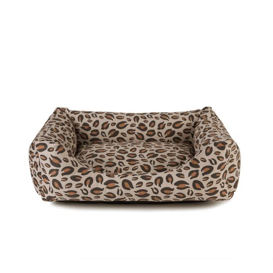 Montaigne - panier chat de luxe, déhoussable, en tissu motif léopard sable sauvage, 55x40x16cm