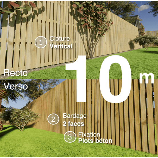 Kit clôture bois moderne 10m – h 2,3m – 20 x 60 mm autoclave vert – pose vertical – double face – à sceller