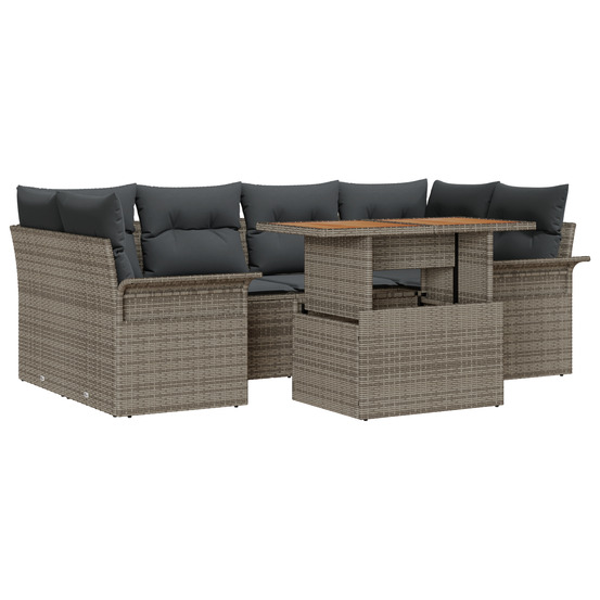 Ensemble de canapé de jardin 7 pièces avec coussins gris en poly rattan et acacia