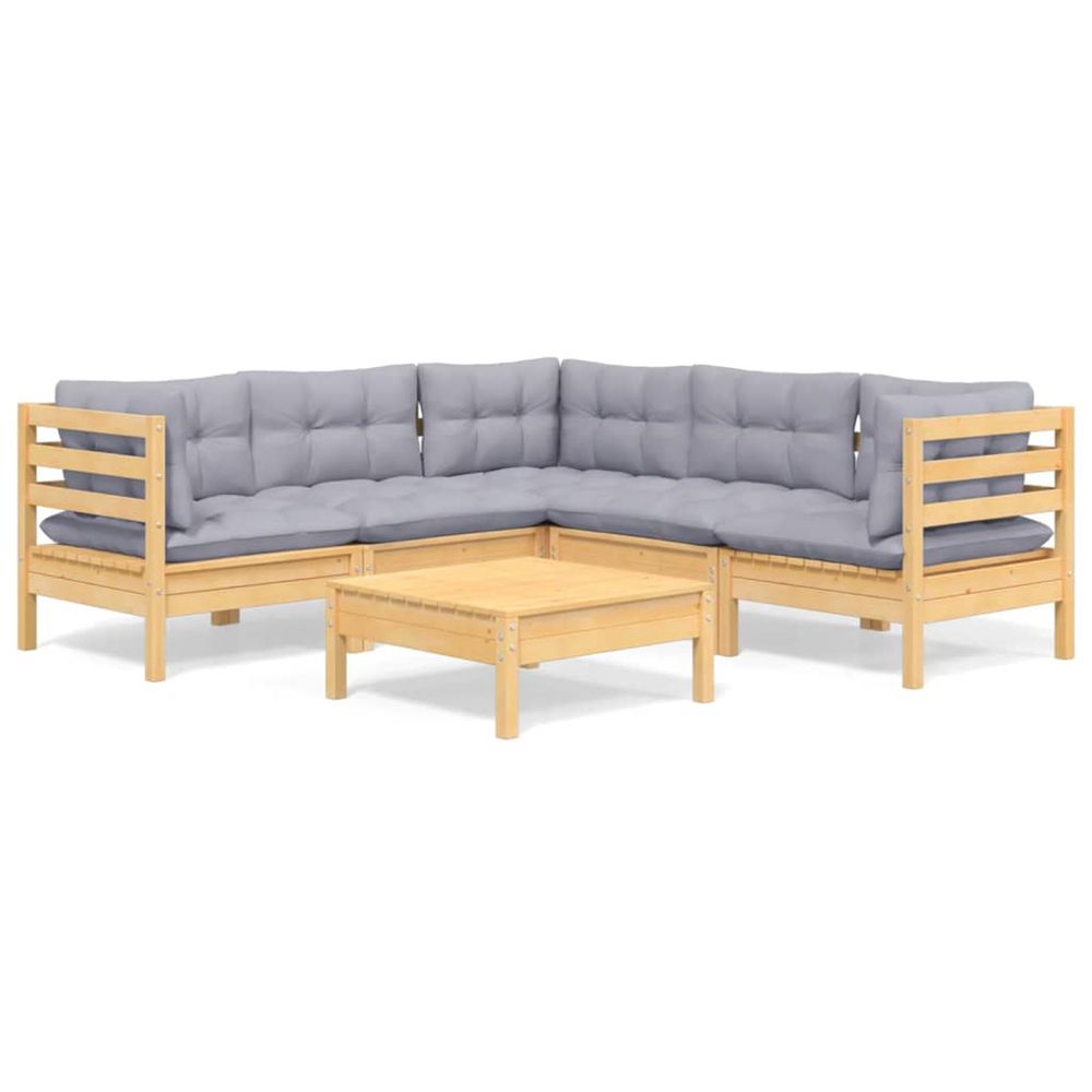Salon de jardin 6 pcs avec coussins gris bois de pin massif