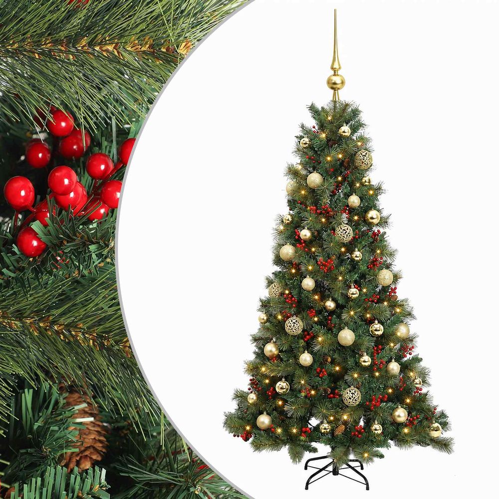 Sapin de noël artificiel avec boules 150 cm 150 led blanc chaud