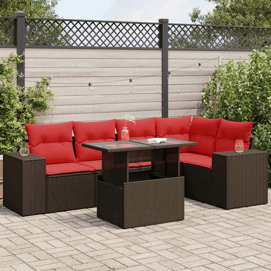 Salon de jardin avec coussins 6pcs marron résine tressée acacia