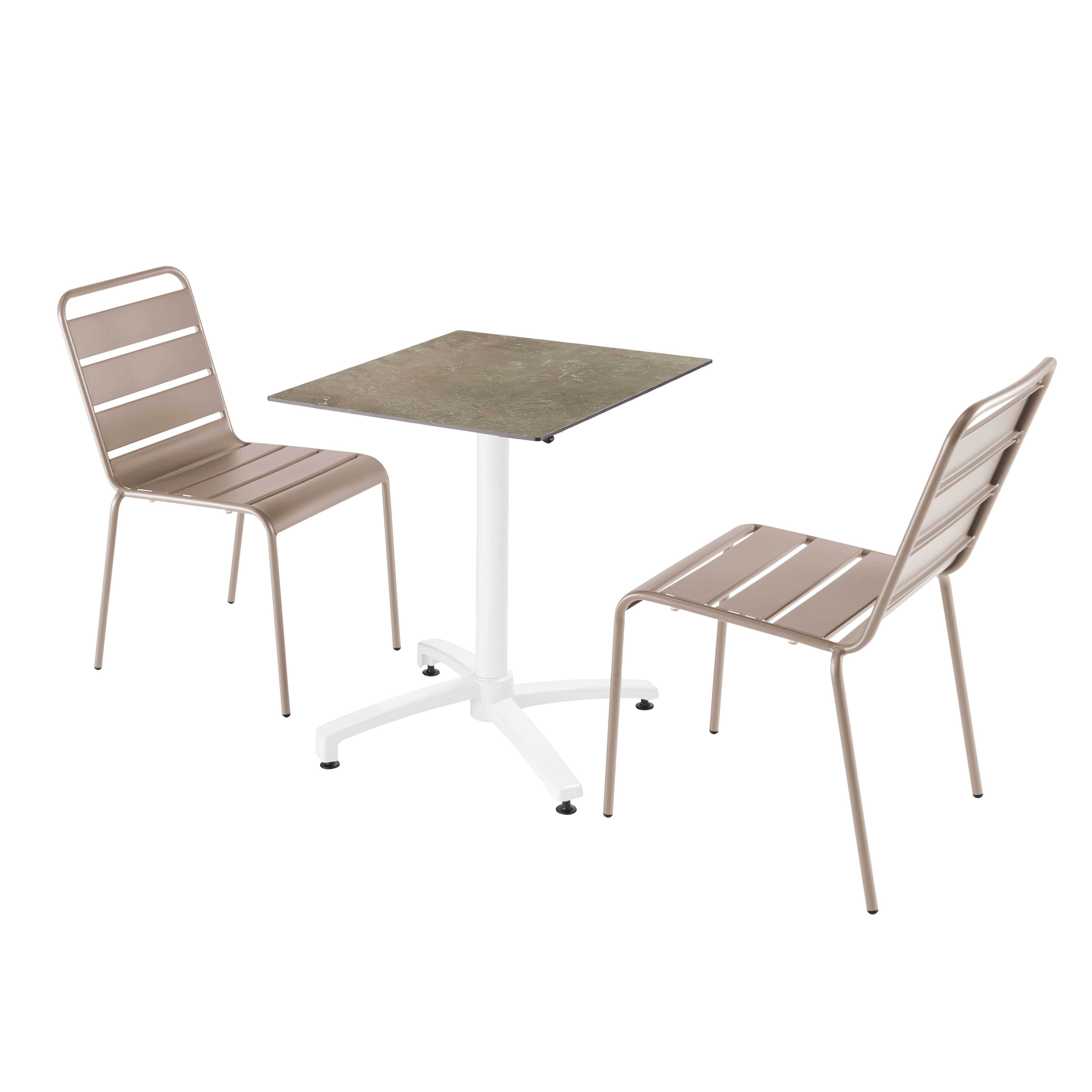 Ensemble table de terrasse stratifié marbre beige et 2 chaises taupe